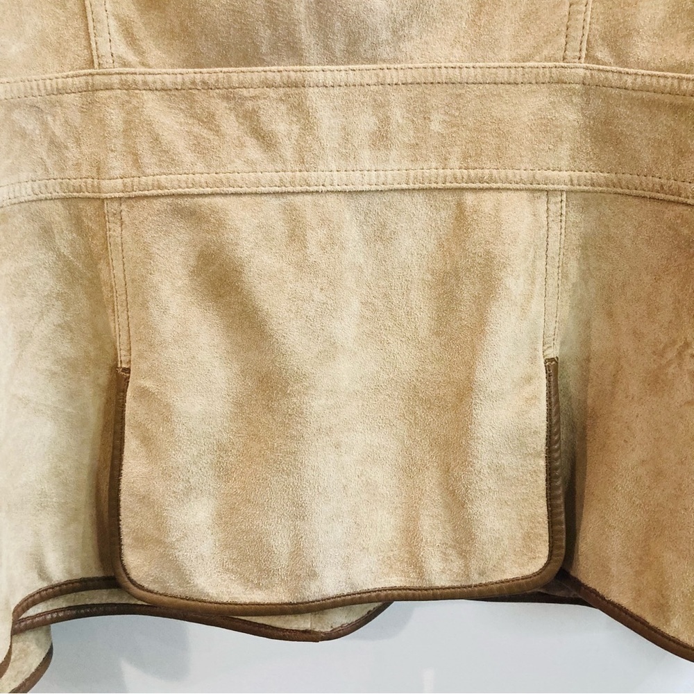 EDDIE BAUER SZ L Seattle Suede Vintage Tan Brown Trim Pockets Back Slits Jacket - Picture 12 of 16